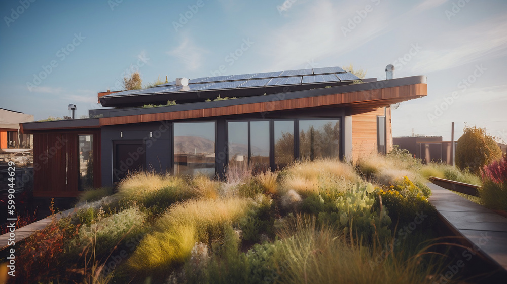 Green Living: A House with Solar Energy and a Rooftop Garden. Generative AI.
