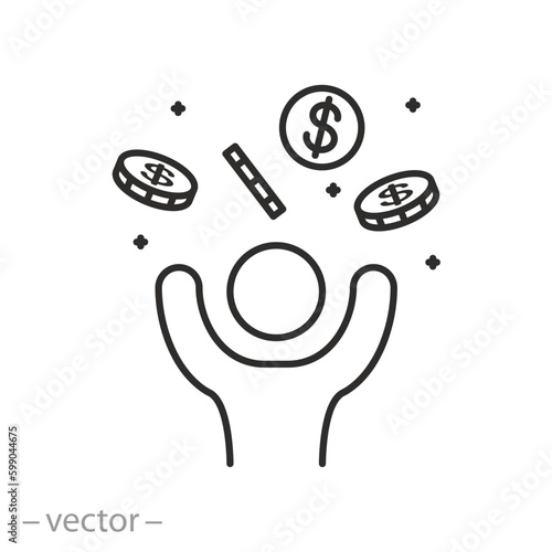 win jackpot icon, lottery winning, happy human with explosion coins, thin line symbol - editable stroke vector illustration