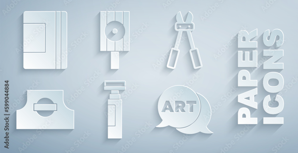 Set Marker pen, Bolt cutter, Spray can nozzle cap, Speech bubble with text art, and Spiral notebook icon. Vector Set Marker pen, Bolt cutter, Spray can nozzle cap, Speech bubble with text art, and Spiral notebook icon. Vector