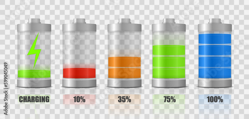 Set of realistic battery charge indicators with low and high energy levels isolated on transparent background.  Electric power accumulators bundle. Vector illustration.