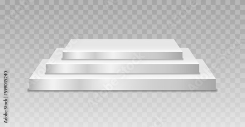Set of blank stage or pedestal mockups. Podium, abstract geometric empty museum scenes, exhibits for award ceremony or product presentation. geometric empty product stands, realistic 3d vector set.
