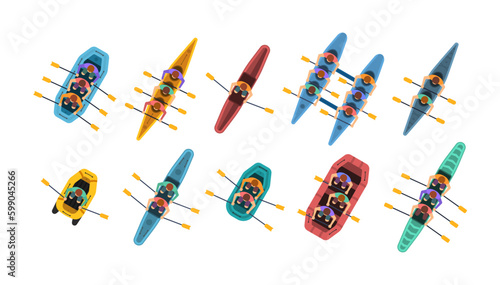 Rafting kayaking top view set with boats of different forms and colors with people inside. Set of boats, kayaks with people inside. Outdoor activities in summertime. Vector illustration. 