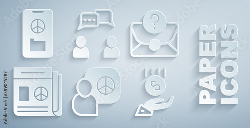 Set Peace talks, Envelope with question mark, News, Coins hand - minimal wage, Speech bubble chat and icon. Vector
