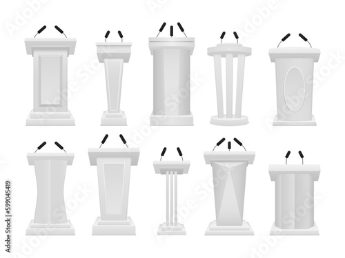 The artistic design of the grandstand stands. Front view pedestals for lecture, award ceremony, press interview. Realistic different white podiums with microphones. Vector illustration.  