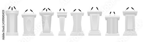 The artistic design of the grandstand stands. Front view pedestals for lecture, award ceremony, press interview. Realistic different white podiums with microphones. Vector illustration.  
