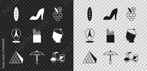Set French baguette bread, Woman shoe, Grape fruit, Louvre glass pyramid, Umbrella for beach, Scooter, Eiffel tower and icon. Vector