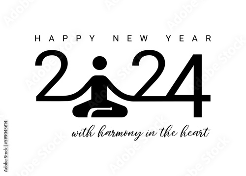 Vector design template for the number 2024 with yoga pose lotos and harmony . The illustration includes a logo in the form of a black label, which can be used for diaries, notebooks, calendars, and we