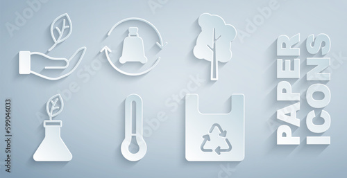 Set Thermometer, Tree, Plant breeding, Shopping bag with recycle, Garbage and Leaf hand icon. Vector