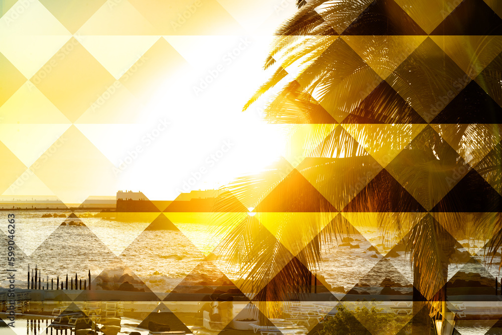 Diseño abstracto de verano y vacaciones. Cielo de puesta de sol  y palmeras, fondo geometrico panorámico de verano. - obrazy, fototapety, plakaty 