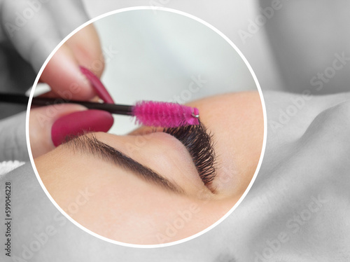Beautiful Woman with long eyelashes in a beauty salon. Eyelash extension procedure. Lashes close up