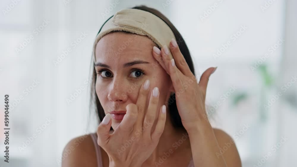 Pov disappointed girl touching face in bathroom. Worried lady checking wrinkles Generative AI Pov disappointed girl touching face in bathroom. Worried lady checking wrinkles Generative AI