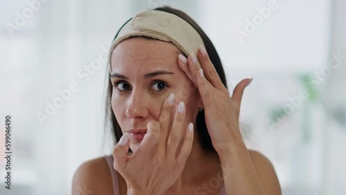 Pov disappointed girl touching face in bathroom. Worried lady checking wrinkles Generative AI photo