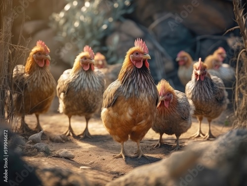 Group of Chicken in natural habitat (generative AI) © HandmadePictures