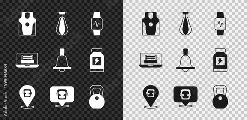 Set Boxing jersey and t-shirt, Punching bag, Smart watch with heart, helmet, Weight, ring and bell icon. Vector