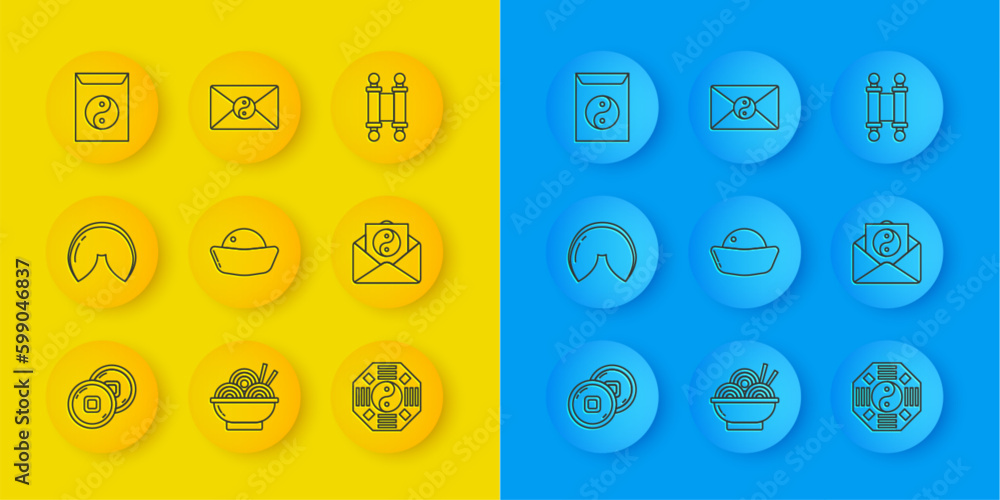 Set line Chinese Yuan currency, fortune cookie, Sushi, Yin Yang, and envelope, Decree, paper, parchment, scroll and icon. Vector Set line Chinese Yuan currency, fortune cookie, Sushi, Yin Yang, and envelope, Decree, paper, parchment, scroll and icon. Vector