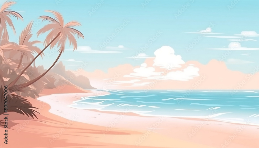 Pastel colors of tropical beach drawing background, Summer holiday and travel vacation concept (generative AI)