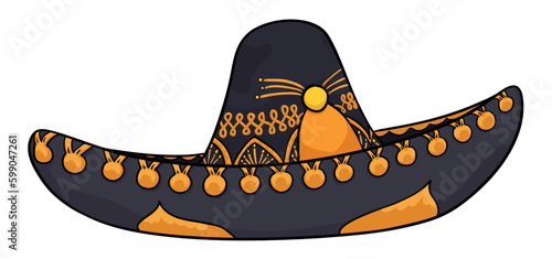 Black mariachi hat with golden ornaments in cartoon style, Vector illustration