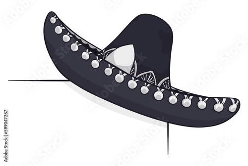 Black mariachi hat with silver ornaments, decorating the corner, Vector illustration