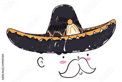 Tender mariachi man with big sombrero in doodle style, Vector illustration