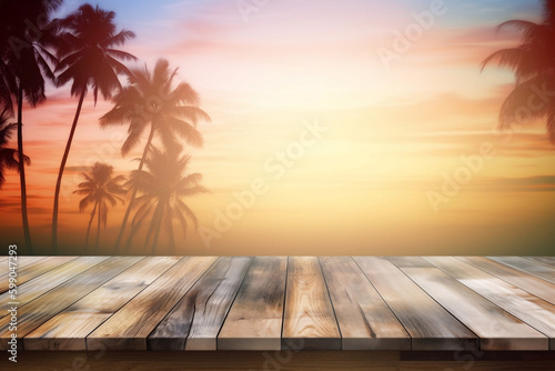 Rustic wooden table and blured palms and sunset for product and merchandise display Digital Art Illustration (generative AI)