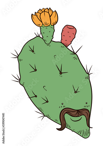 Cute nopal character with mustache and flower, Vector illustration