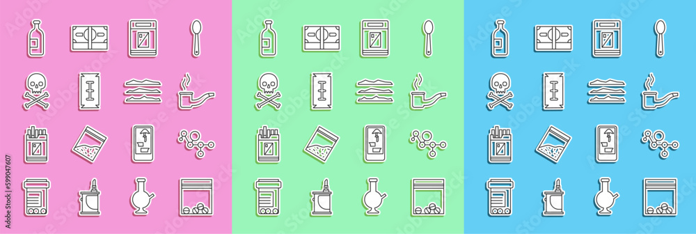 Set line Plastic bag of drug, Cannabis molecule, Smoking pipe, Cigarettes pack box, Blade razor, Skull on crossbones, Alcohol drink bottle and Cocaine heroin icon. Vector Set line Plastic bag of drug, Cannabis molecule, Smoking pipe, Cigarettes pack box, Blade razor, Skull on crossbones, Alcohol drink bottle and Cocaine heroin icon. Vector