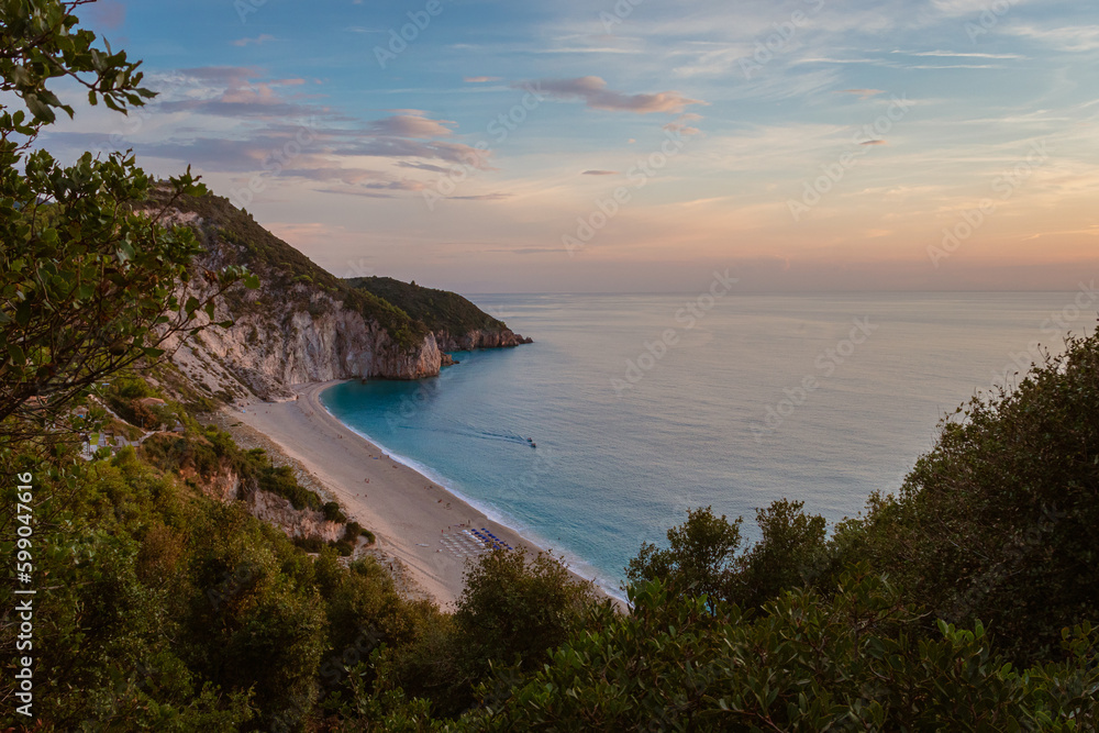 Mylos beach in Leykada island in Greece during sunset in summer Mylos beach in Leykada island in Greece during sunset in summer
