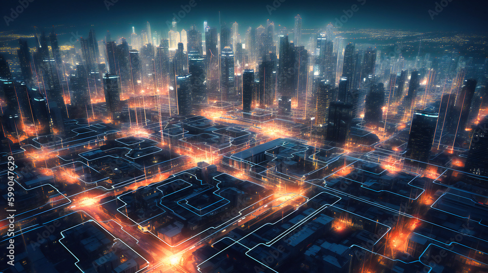 A Digital City Rendering with Vibrant Lights and Traffic