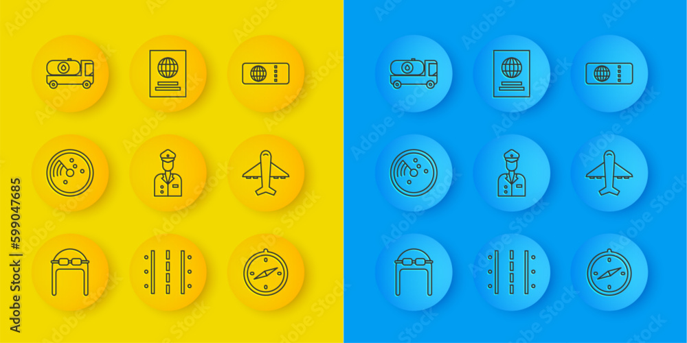 Set line Aviator hat with goggles, Radar targets on monitor, Pilot, Compass, Plane, Fuel tanker truck, Airline ticket and Passport icon. Vector Set line Aviator hat with goggles, Radar targets on monitor, Pilot, Compass, Plane, Fuel tanker truck, Airline ticket and Passport icon. Vector