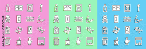 Set line Plastic bag of drug, Cannabis molecule, Smoking pipe, Cigarettes pack box, Blade razor, Skull on crossbones, Alcohol drink bottle and Cocaine heroin icon. Vector