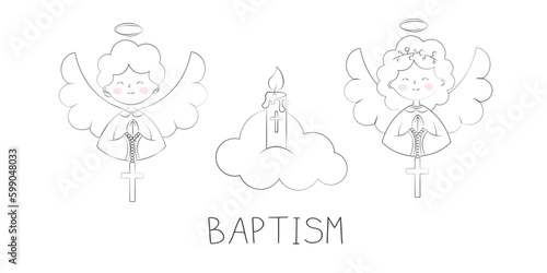 Cute Angels Girl and Boy in Festive Attire with Folded Hands on the Chest for Prayer and a Cross Hanging on the Folded Hands Cloud and Candle Vector Illustration Banner for Baptism in Doodle Style