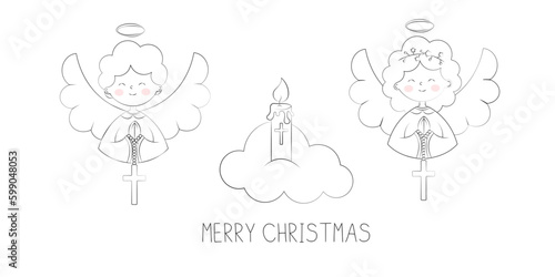 Cute Christmas Angels Boy and Girl Praying on Cloud Merry Christmas Greeting Vector Illustration in Doodle Style