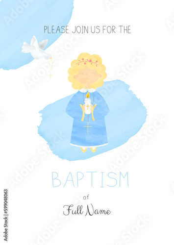 Cute Girl Holding a Candle and a white Dove of Peace flying with a Cross in its Beak Baptism Invitation Template in a Watercolor Style
