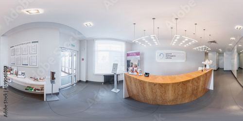 360 hdri panorama inside interior of modern research medical laboratory or ophthalmological clinic with equipment in equirectangular spherical projection. Generative Ai photo