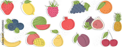 Fototapeta Naklejka Na Ścianę i Meble -  Vitamin C fruits and berries set - flat cartoon vector illustration. Doodle template for children's educational books and magazines and packaging for juices and diet food.