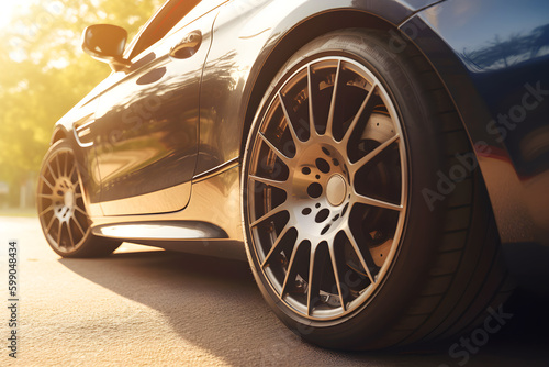 Close up on a generic and unbranded sport car in a city,sunlight, ai generative illustration