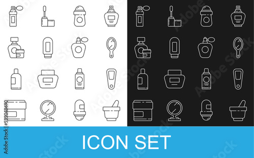 Set line Mortar and pestle, Hand mirror, Antiperspirant deodorant roll, Cream lotion cosmetic tube, Perfume and icon. Vector