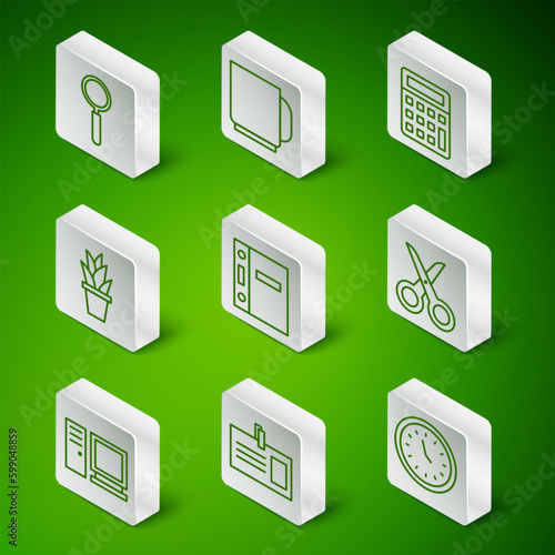 Set line Clock, Identification badge, Magnifying glass, Office folders, Plant pot, Coffee cup, Computer monitor and Scissors icon. Vector