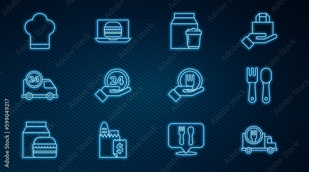 Set line Fast delivery by car, Fork and spoon, Online ordering, Clock 24 hours, Chef hat, and burger icon. Vector Set line Fast delivery by car, Fork and spoon, Online ordering, Clock 24 hours, Chef hat, and burger icon. Vector