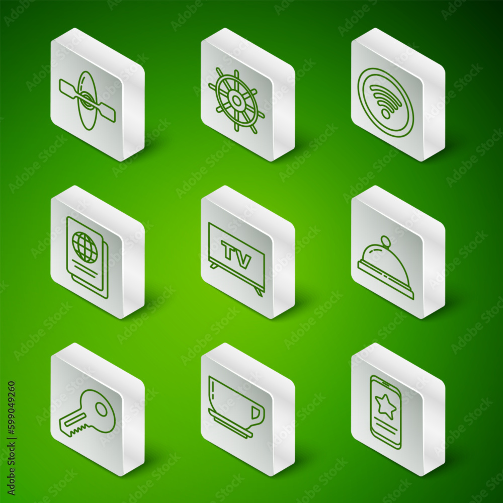 Set line Mobile with review rating, Coffee cup, Kayak or canoe, Smart Tv, Passport, Ship steering wheel, Key and Hotel service bell icon. Vector Set line Mobile with review rating, Coffee cup, Kayak or canoe, Smart Tv, Passport, Ship steering wheel, Key and Hotel service bell icon. Vector