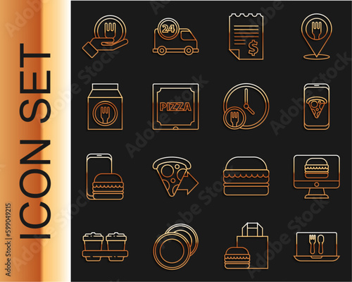 Set line Online ordering and delivery, Food pizza, Paper financial check, Pizza cardboard box, and Round the clock icon. Vector