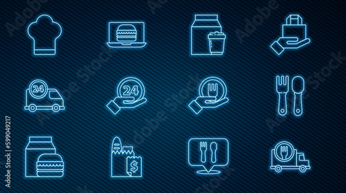 Set line Fast delivery by car, Fork and spoon, Online ordering, Clock 24 hours, Chef hat, and burger icon. Vector