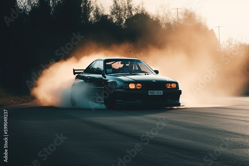 A race car driver executing a perfect drift around a hairpin turn on a track photo