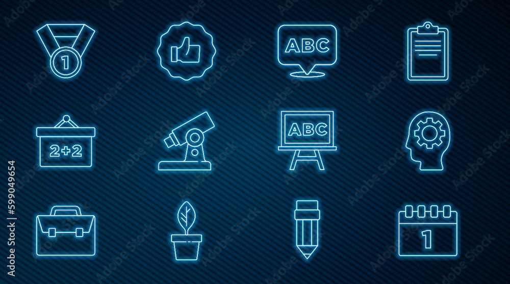 Set line Calendar first september date, Head with gear inside, Alphabet, Microscope, Chalkboard, Medal, and Hand thumb up icon. Vector Set line Calendar first september date, Head with gear inside, Alphabet, Microscope, Chalkboard, Medal, and Hand thumb up icon. Vector