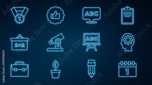 Set line Calendar first september date, Head with gear inside, Alphabet, Microscope, Chalkboard, Medal, and Hand thumb up icon. Vector