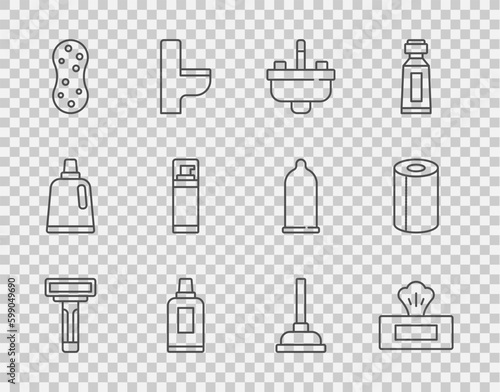 Set line Shaving razor, Wet wipe pack, Washbasin with water tap, Bottle for cleaning agent, Sponge, gel foam, Rubber plunger and Paper towel roll icon. Vector