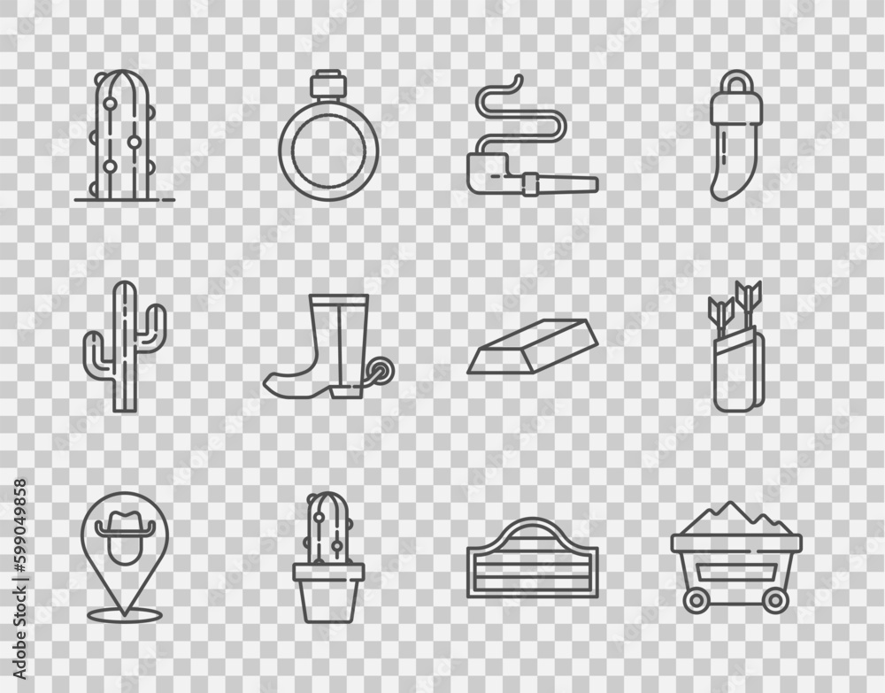 Set line Location cowboy, Coal mine trolley, Smoking pipe, Cactus peyote pot, Cowboy boot, Saloon door and Quiver with arrows icon. Vector Set line Location cowboy, Coal mine trolley, Smoking pipe, Cactus peyote pot, Cowboy boot, Saloon door and Quiver with arrows icon. Vector