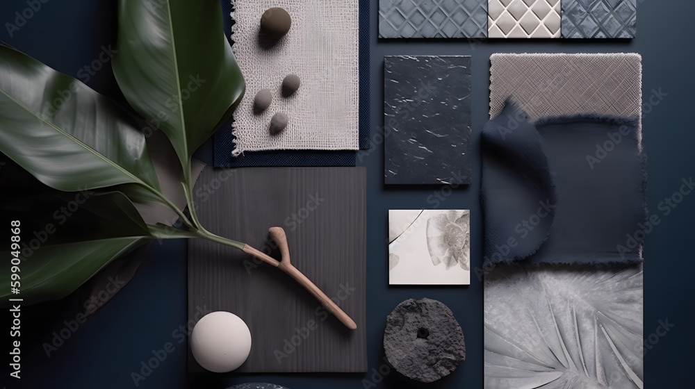 Aesthetic flat lay composition in grey and navy color palette with