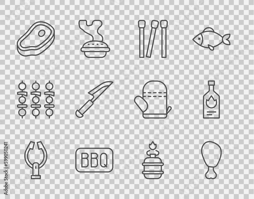 Set line Meat tongs, Chicken leg, Matches, Barbecue, Steak meat, Knife, Camping gas stove and Tabasco sauce icon. Vector