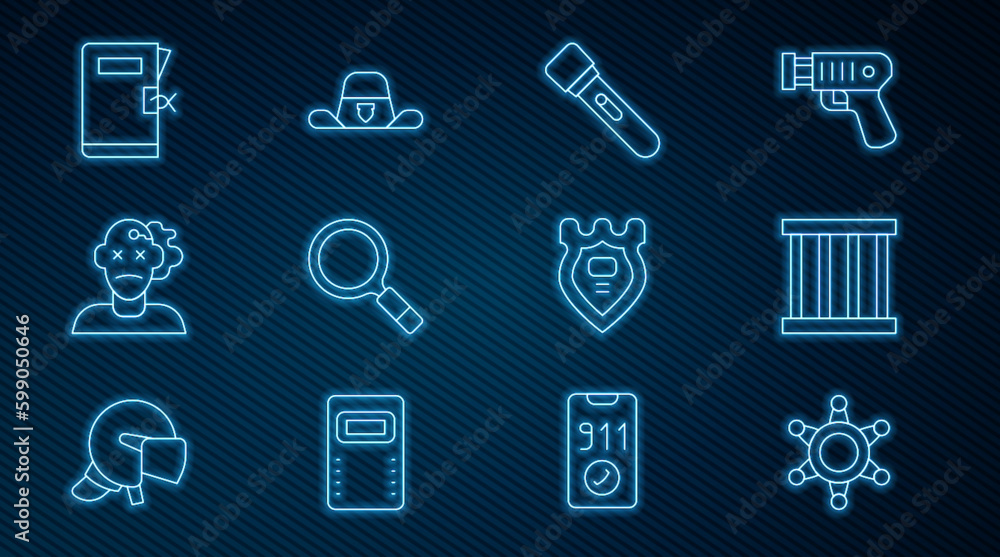 Set line Hexagram sheriff, Prison window, Flashlight, Magnifying glass with search, Murder, Police station folder, badge and Sheriff hat icon. Vector Set line Hexagram sheriff, Prison window, Flashlight, Magnifying glass with search, Murder, Police station folder, badge and Sheriff hat icon. Vector